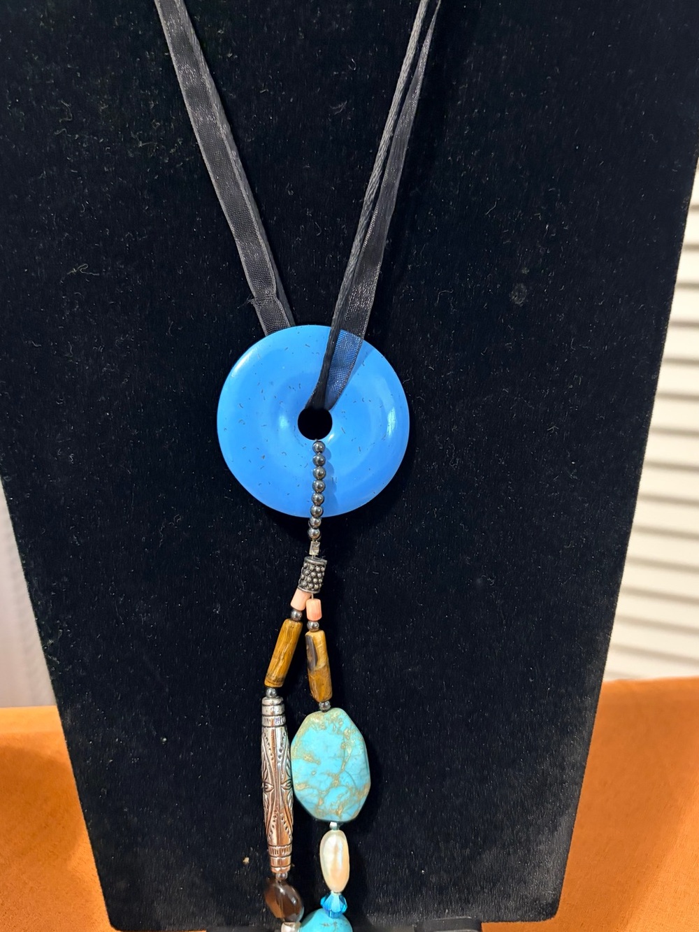 Turquoise & Blue Donut Pendant Beaded Necklace